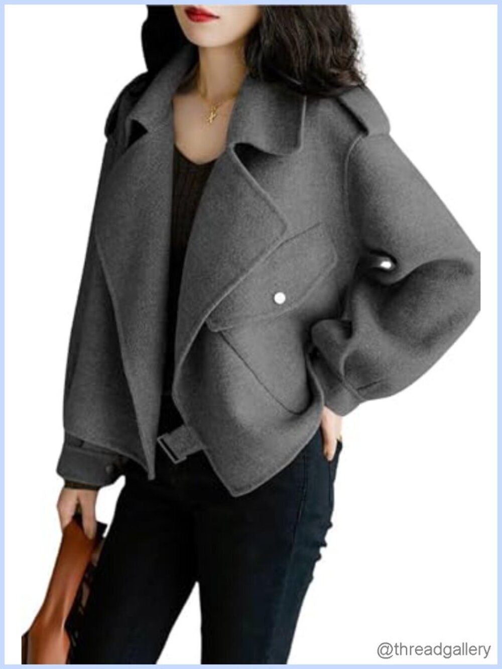 Wool Blend Cropped Open Front Blazer Coat Notch Lapel
